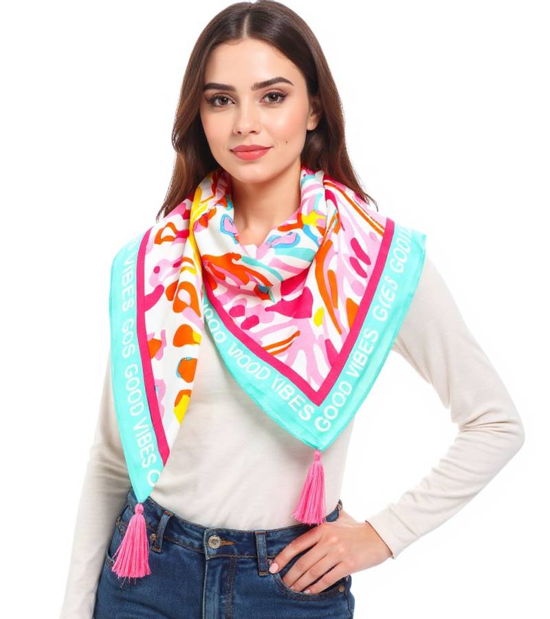 ZWILLINGSHERZ Blumentraum Vierecks-Tuch mit Blumen und Good Vibes Only Print Mode-Tuch 3016Q-0208-21 Pink/Türkis/Bunt von ZWILLINGSHERZ