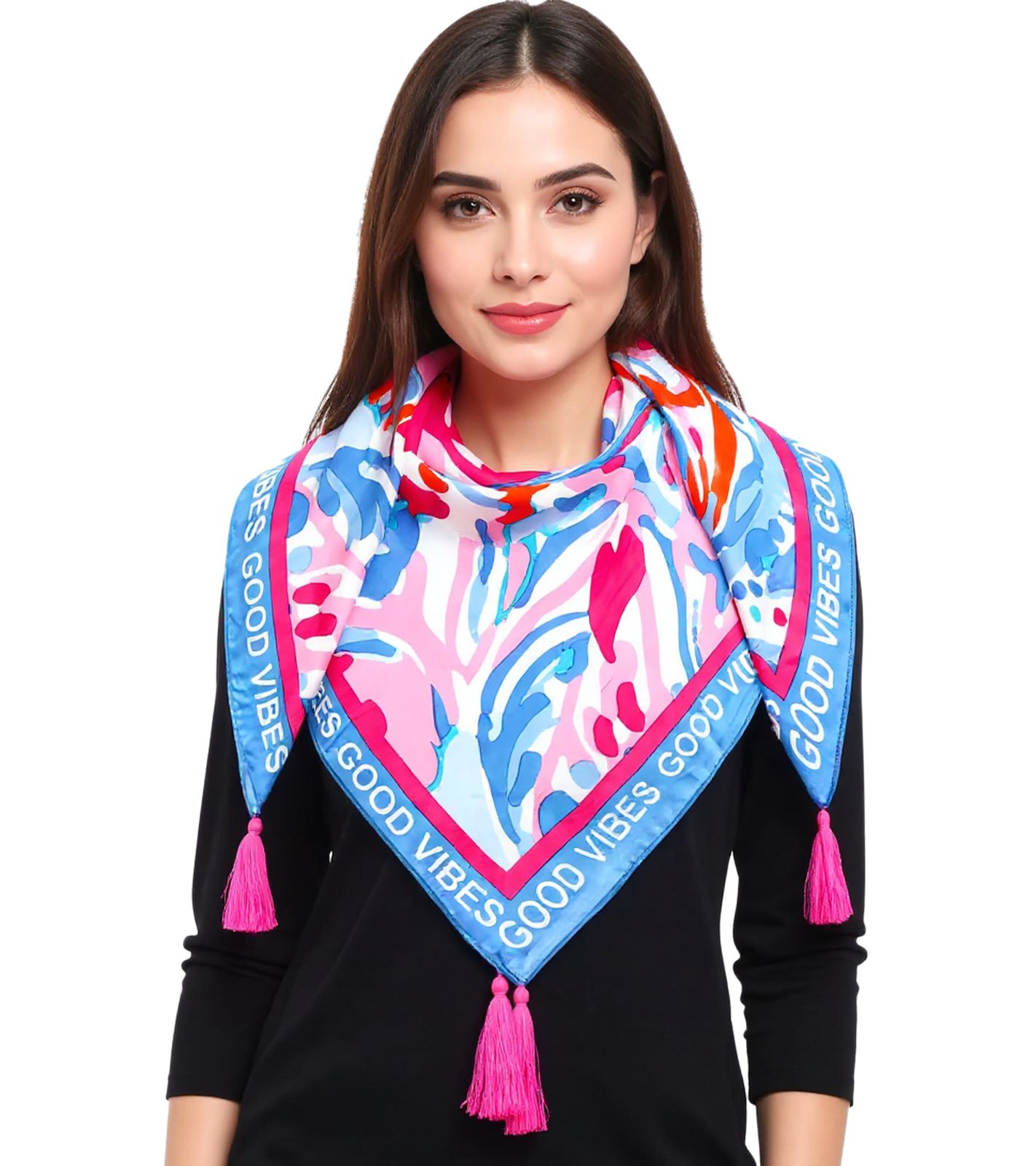ZWILLINGSHERZ Blumentraum Vierecks-Tuch mit Blumen und Good Vibes Only Print Mode-Tuch 3016Q-0208-86 Blau/Pink/Weiß von ZWILLINGSHERZ