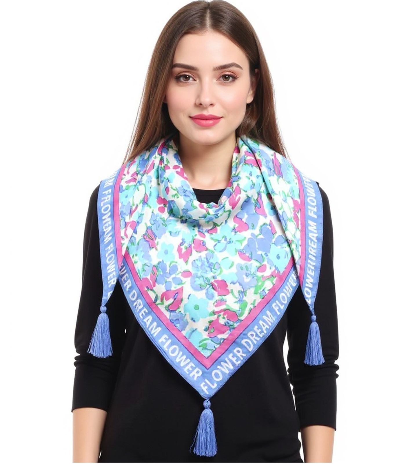 ZWILLINGSHERZ Blumenwiese Dreiecks-Tuch mit Blumen-Print und Flowerdream Schriftzug Mode-Tuch 3014D-0107-85 Blau/Pink/Weiß von ZWILLINGSHERZ