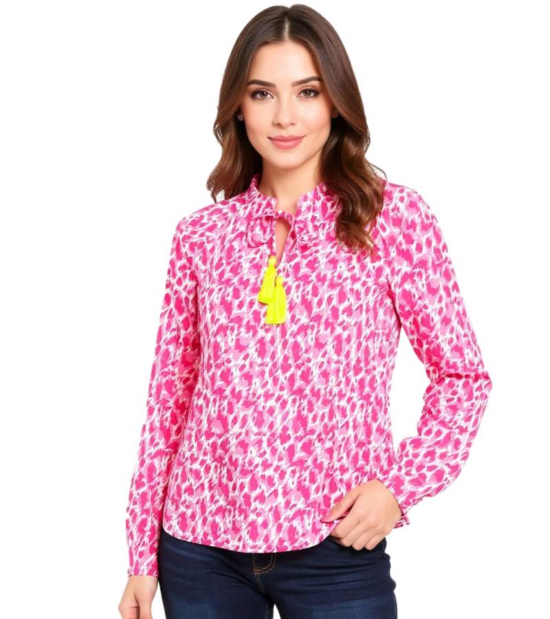 ZWILLINGSHERZ Colorful Leopard Damen Sommer-Bluse Tunika-Shirt mit Quasten 33224-51 Pink/Gelb/Weiß von ZWILLINGSHERZ