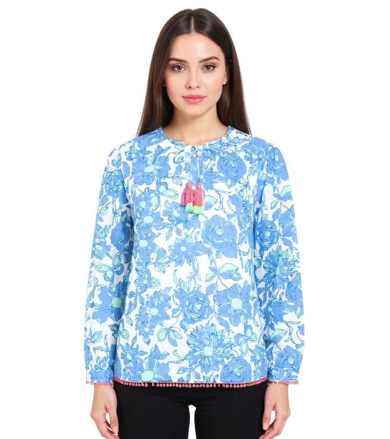 ZWILLINGSHERZ Damen Baumwoll-Bluse Sommer-Bluse "Schmetterling" mit Blumen-Muster 33213-87 Blau/Grün von ZWILLINGSHERZ
