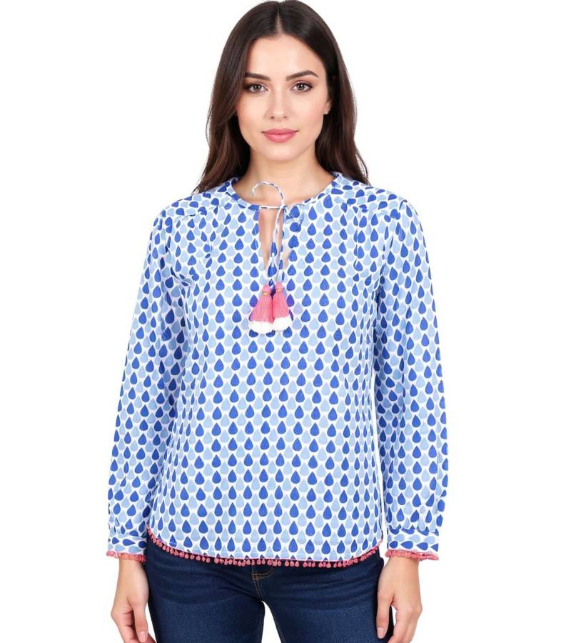 ZWILLINGSHERZ Damen Baumwoll-Bluse Sommer-Bluse "Tröpfchen" mit Tröpfchen-Muster 33217-89 Blau/Pink von ZWILLINGSHERZ