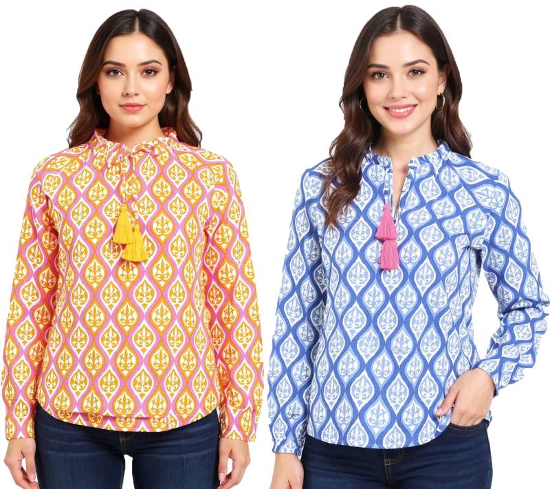 ZWILLINGSHERZ Damen Baumwoll-Bluse Sommer-Bluse mit ovalen Ranken-Muster 33246 Orange/Pink oder Blau/Weiß/Pink von ZWILLINGSHERZ