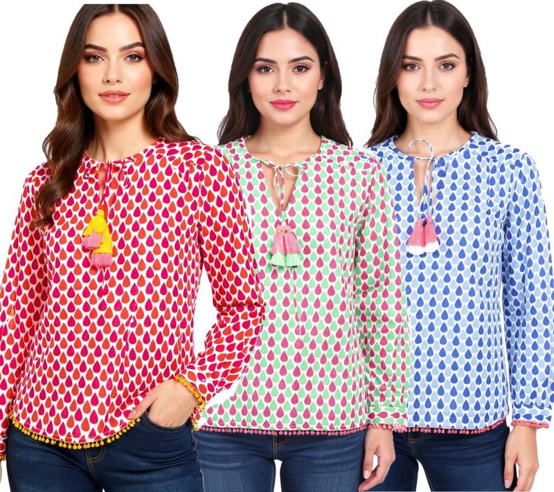 ZWILLINGSHERZ Damen Sommer-Bluse mit Tröpfchen-Muster Baumwoll Langarmshirt 33217 Pink, Grün oder Blau von ZWILLINGSHERZ