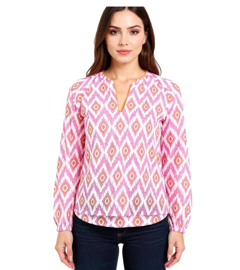 ZWILLINGSHERZ Damen Sommer-Bluse mit auffälligen-Muster Baumwoll Langarmshirt 33227-22 Weiß/Orange/Pink von ZWILLINGSHERZ