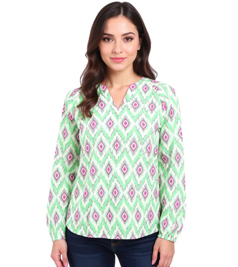 ZWILLINGSHERZ Damen Sommer-Bluse mit auffälligen-Muster Baumwoll Langarmshirt 33227-69 Weiß/Grün/Pink von ZWILLINGSHERZ