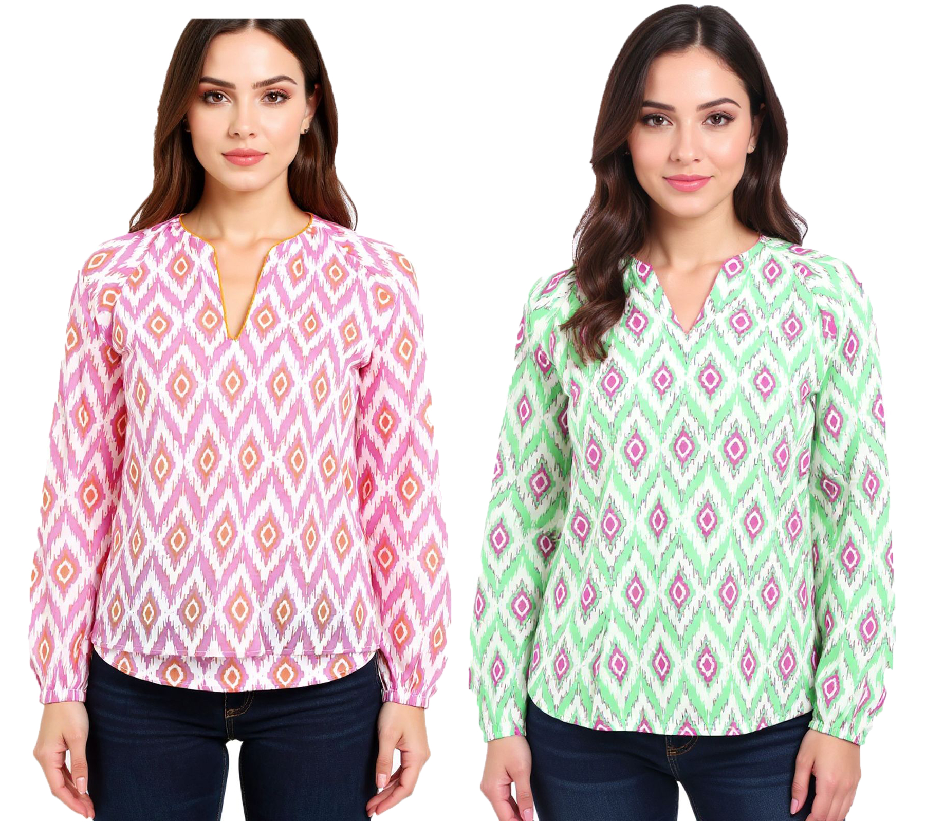 ZWILLINGSHERZ Damen Sommer-Bluse mit auffälligen-Muster Baumwoll Langarmshirt 33227 Weiß/Orange/Pink oder Weiß/Grün/Pink von ZWILLINGSHERZ