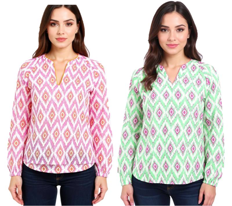 ZWILLINGSHERZ Damen Sommer-Bluse mit auffälligen-Muster Baumwoll Langarmshirt 33227 Weiß/Orange/Pink oder Weiß/Grün/Pink von ZWILLINGSHERZ