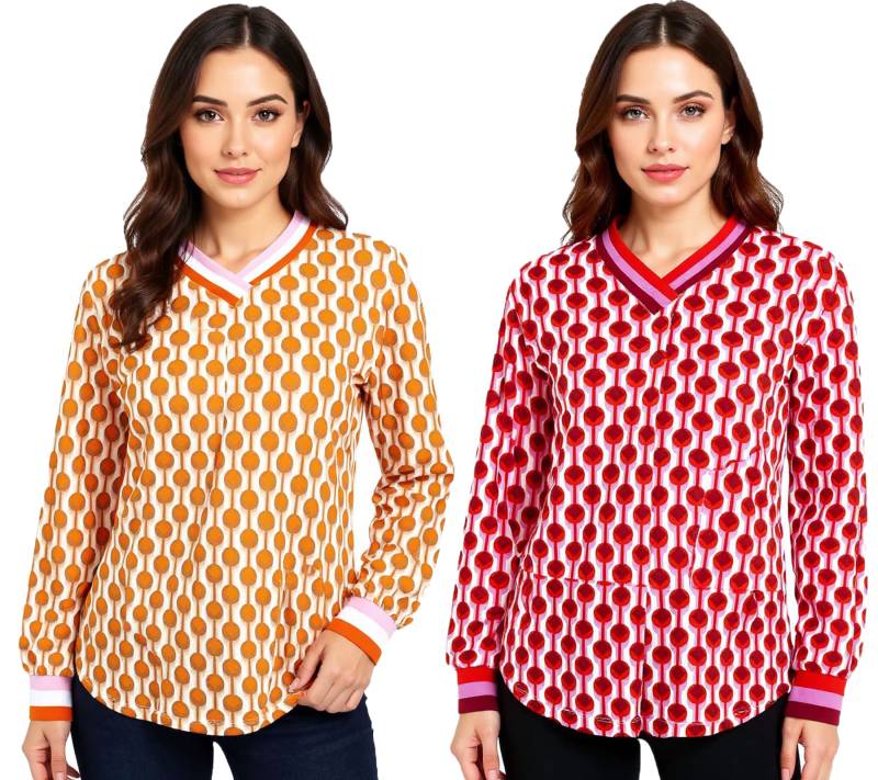 ZWILLINGSHERZ Damen langärmliges Sommer-Shirt Longsleeve im Retro Style mit graphischem Print 31633 Bordeaux/Pink/Rot oder Orange/Pink/Braun von ZWILLINGSHERZ