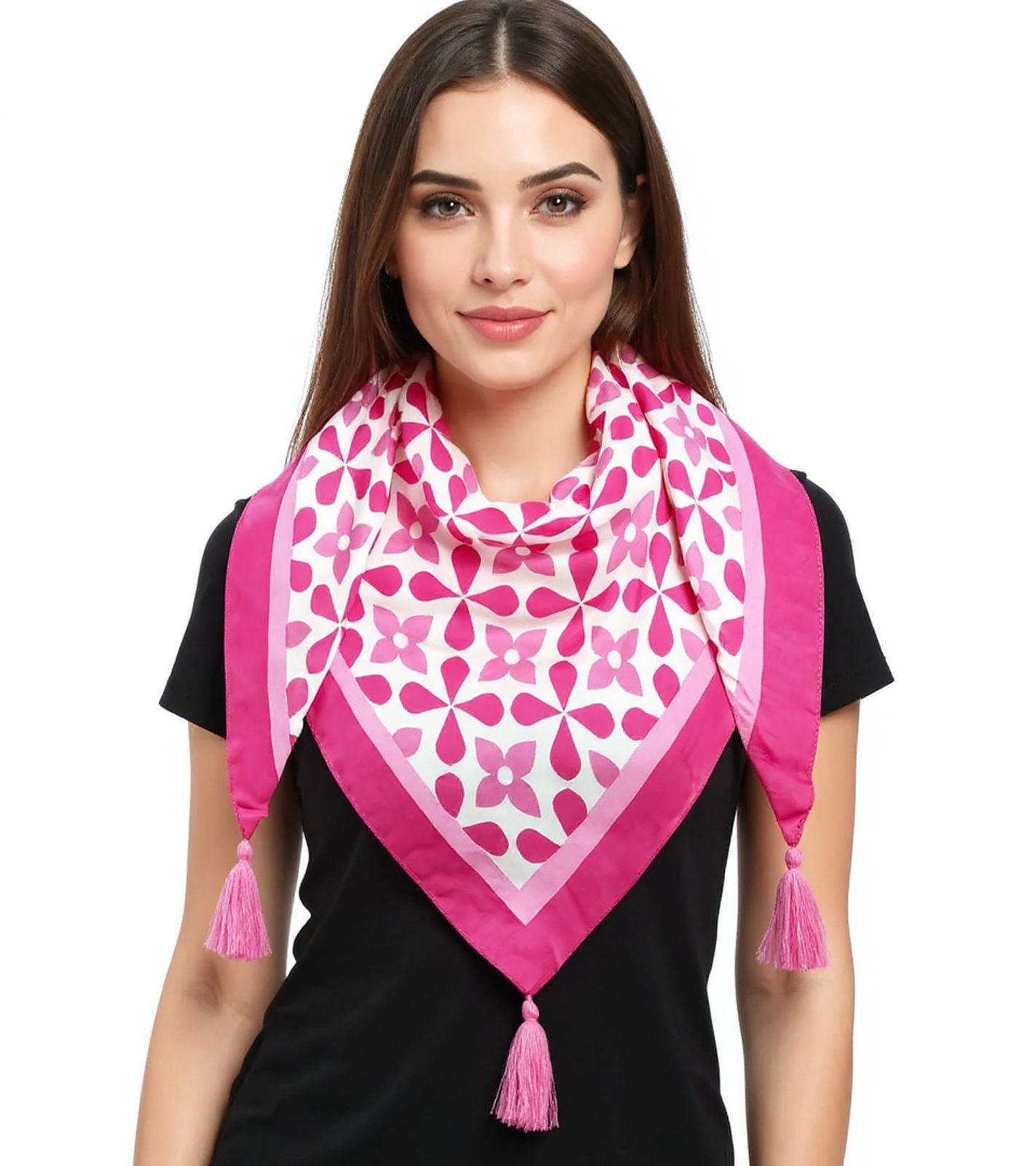 ZWILLINGSHERZ Grafisch Dreiecks-Tuch mit graphischen Blumen und Tasseln Mode-Tuch 3014D-3010-4 Pink/Weiß von ZWILLINGSHERZ