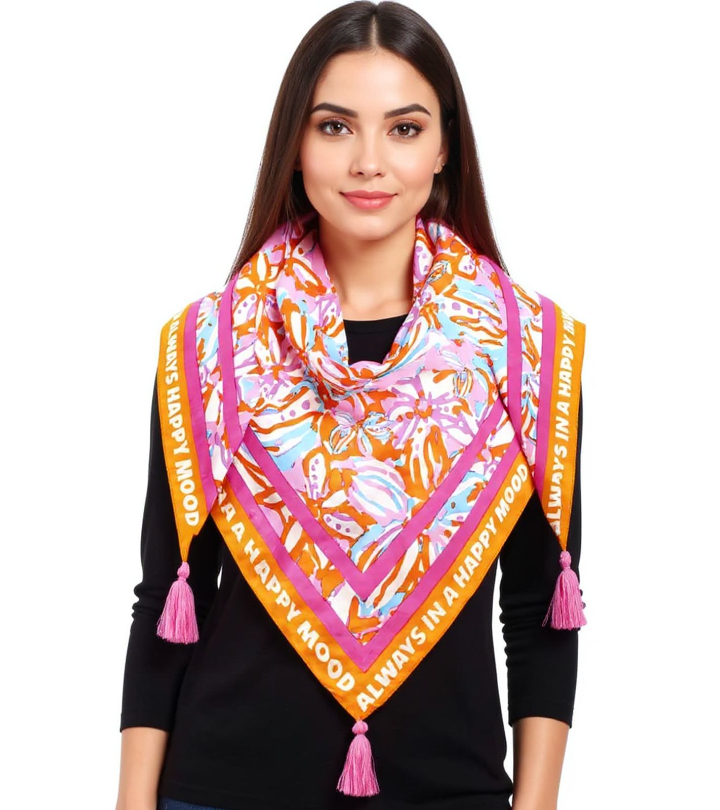 ZWILLINGSHERZ Happy Mood Dreiecks-Tuch mit Blumen und Statement Print Mode-Tuch 3014D-3010-90 Pink/Orange/Bunt von ZWILLINGSHERZ