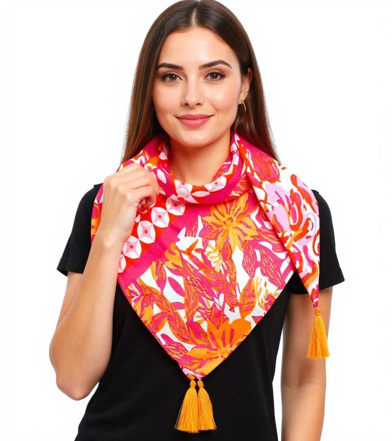 ZWILLINGSHERZ Hawaii Blume Vierecks-Tuch mit Blumen und Ornamenten Mode-Tuch 3016Q-2907-90 Orange/Pink von ZWILLINGSHERZ
