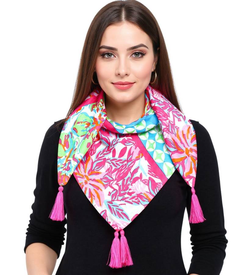 ZWILLINGSHERZ Hawaii Blume Vierecks-Tuch mit Blumen und Ornamenten Mode-Tuch 3016Q-2907-90 Pink/Blau/Bunt von ZWILLINGSHERZ
