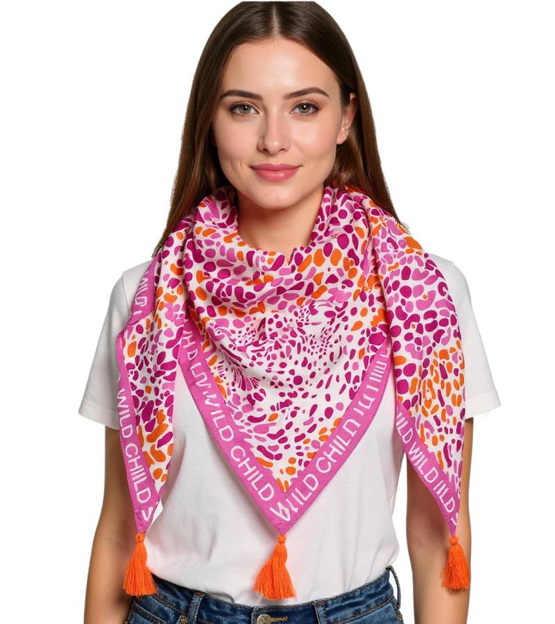 ZWILLINGSHERZ Leo Kopf Dreiecks-Tuch mit Animal-Print und Wild Child Schriftzug Mode-Tuch 3014D-0107-13 Pink/Orange von ZWILLINGSHERZ