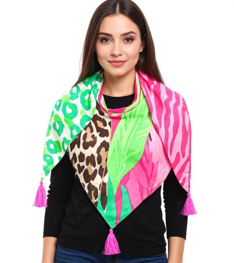 ZWILLINGSHERZ Leopard im Dschungel Dreiecks-Tuch mit Animal-Print und Blättern Mode-Tuch 3014D-3010-14 Pink/Grün/Bunt von ZWILLINGSHERZ