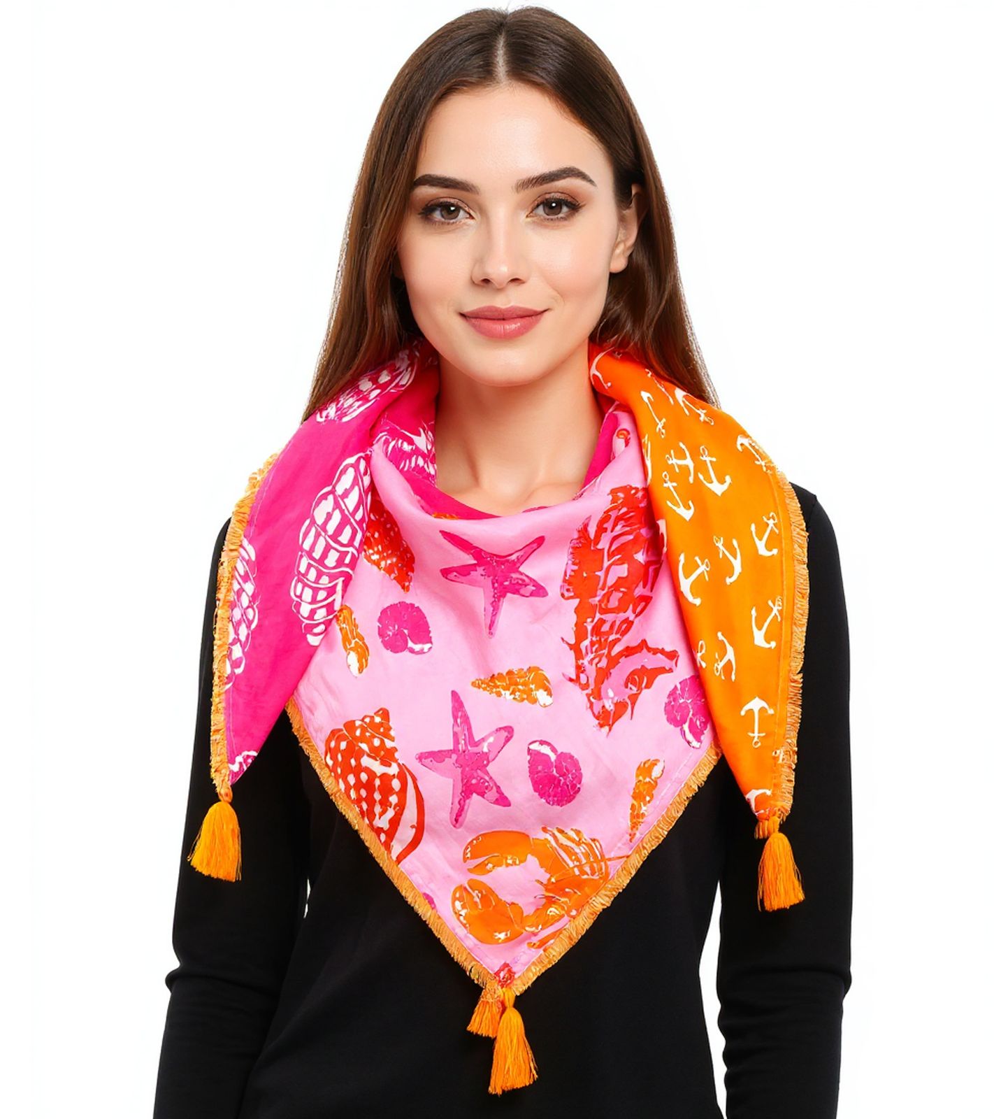 ZWILLINGSHERZ Meeresglück Vierecks-Tuch mit maritimen Motiven Mode-Tuch 3016Q-0609-90 Orange/Pink/Bunt von ZWILLINGSHERZ