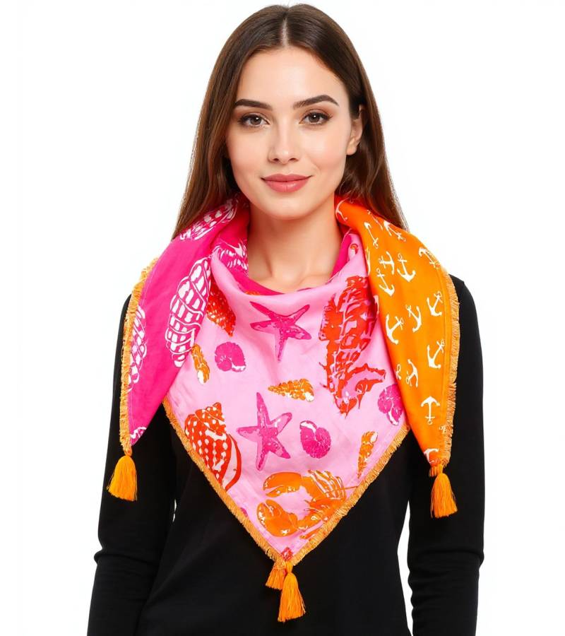 ZWILLINGSHERZ Meeresglück Vierecks-Tuch mit maritimen Motiven Mode-Tuch 3016Q-0609-90 Orange/Pink/Bunt von ZWILLINGSHERZ