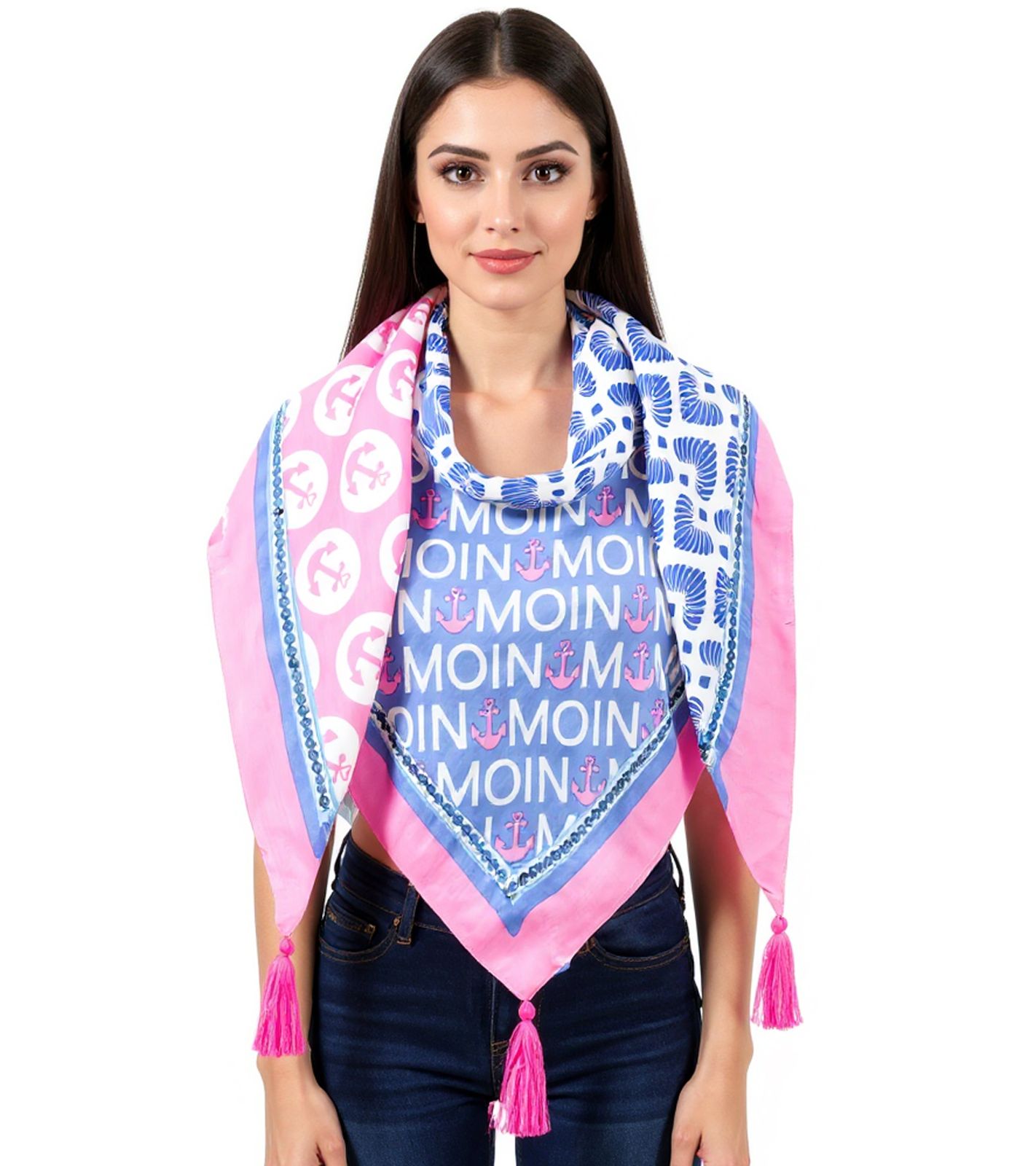 ZWILLINGSHERZ Mustermix Dreiecks-Tuch im maritimen Design und Moin Moin Schriftzug Mode-Tuch 3014D-0703-18 Blau/Pink/Weiß von ZWILLINGSHERZ