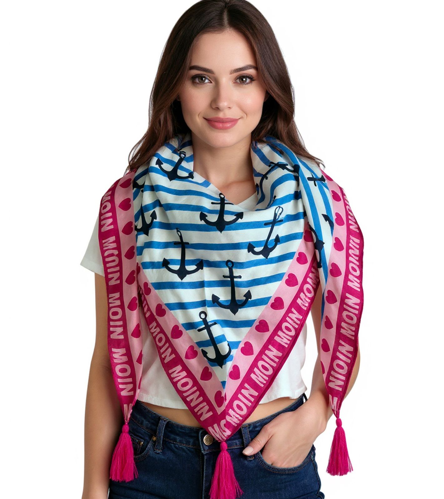 ZWILLINGSHERZ Mustermix Dreiecks-Tuch im maritimen Design und Moin Moin Schriftzug Mode-Tuch 3014D-0703-27 Blau/Pink/Weiß von ZWILLINGSHERZ