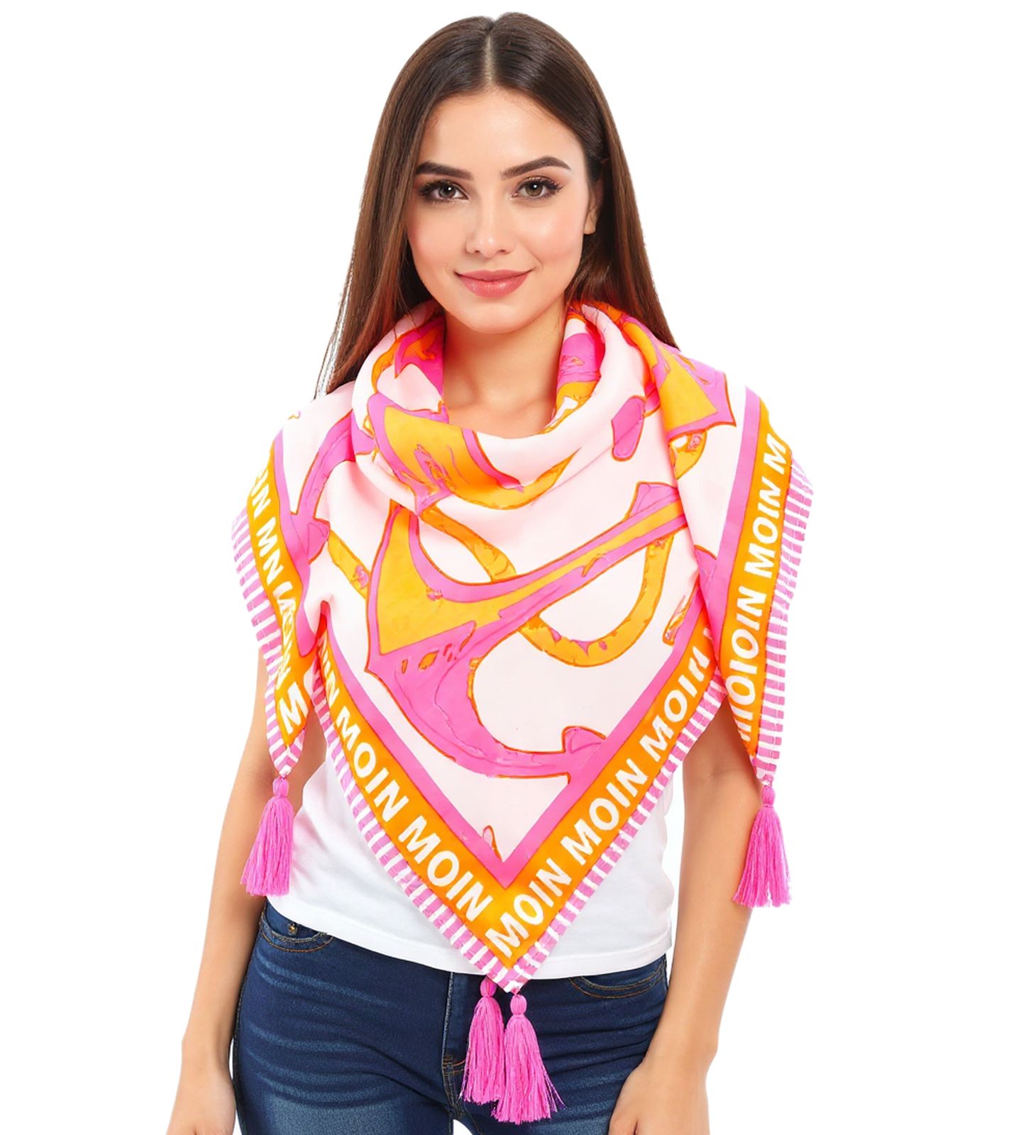 ZWILLINGSHERZ Ocean Vierecks-Tuch mit Ankern und Moin Moin Schriftzug Mode-Tuch 3016Q-0208-52 Pink/Orange von ZWILLINGSHERZ