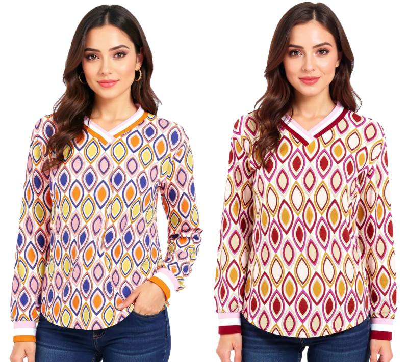 ZWILLINGSHERZ Ornament Damen langärmliges Sommer-Shirt Longsleeve im Retro Style 31627 Beige/Rosa/Rot oder Beige/Rosa/Orange/Blau von ZWILLINGSHERZ