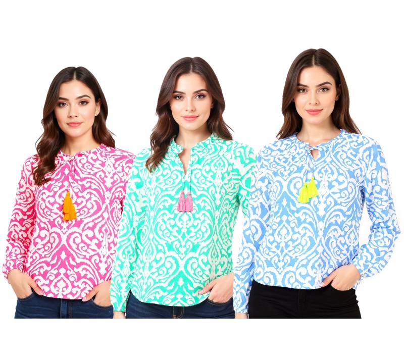 ZWILLINGSHERZ Ornamente Damen Sommer-Bluse Tunika-Shirt mit Quasten 33223 in Pink, Grün oder Blau von ZWILLINGSHERZ