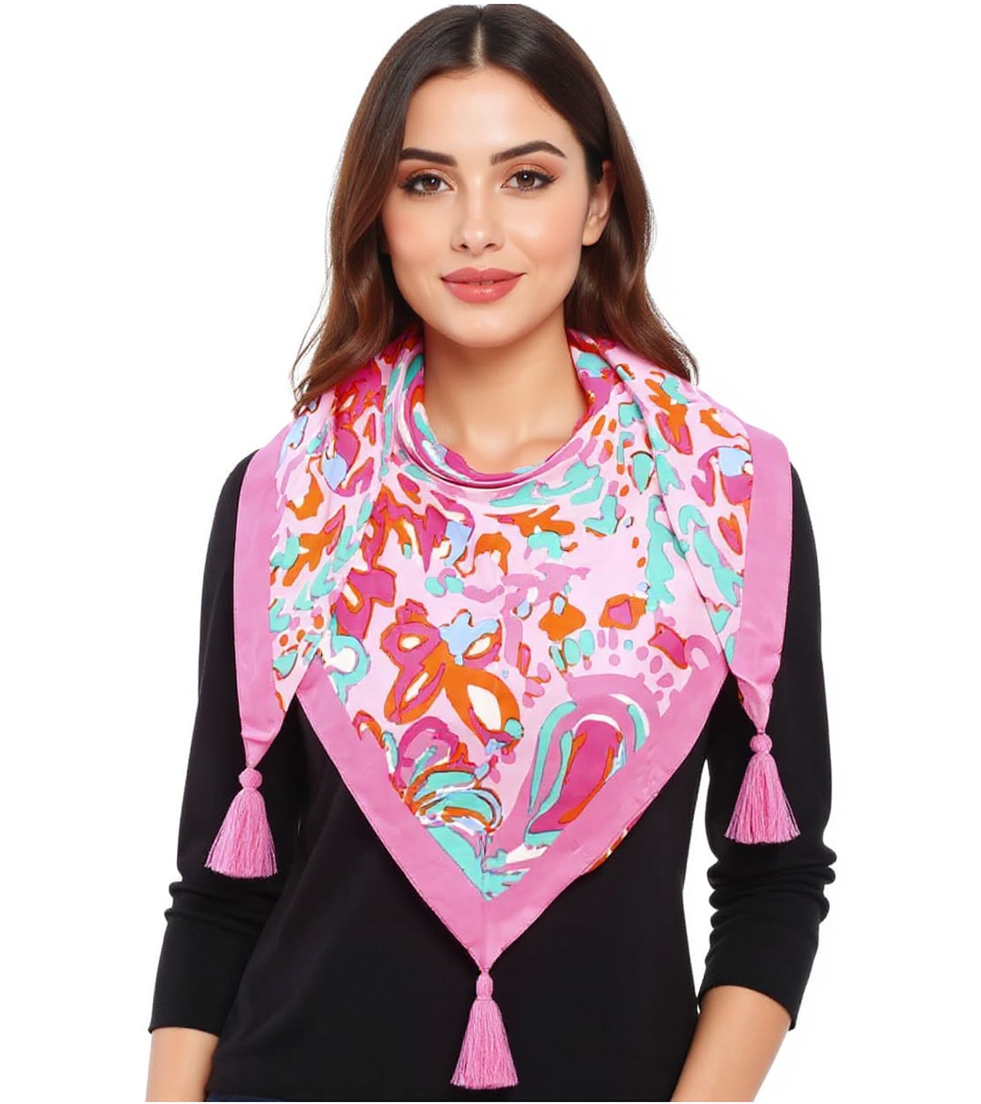ZWILLINGSHERZ Painted Art Dreiecks-Tuch mit Blumen und Tasseln Mode-Tuch 3014D-3010-9 Pink/Orange/Blau von ZWILLINGSHERZ