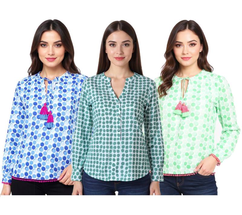 ZWILLINGSHERZ Pünktchen Damen Sommer-Bluse mit Polka Dots Muster Tunika-Shirt mit Quaste oder Ohne in Grün oder Blau von ZWILLINGSHERZ