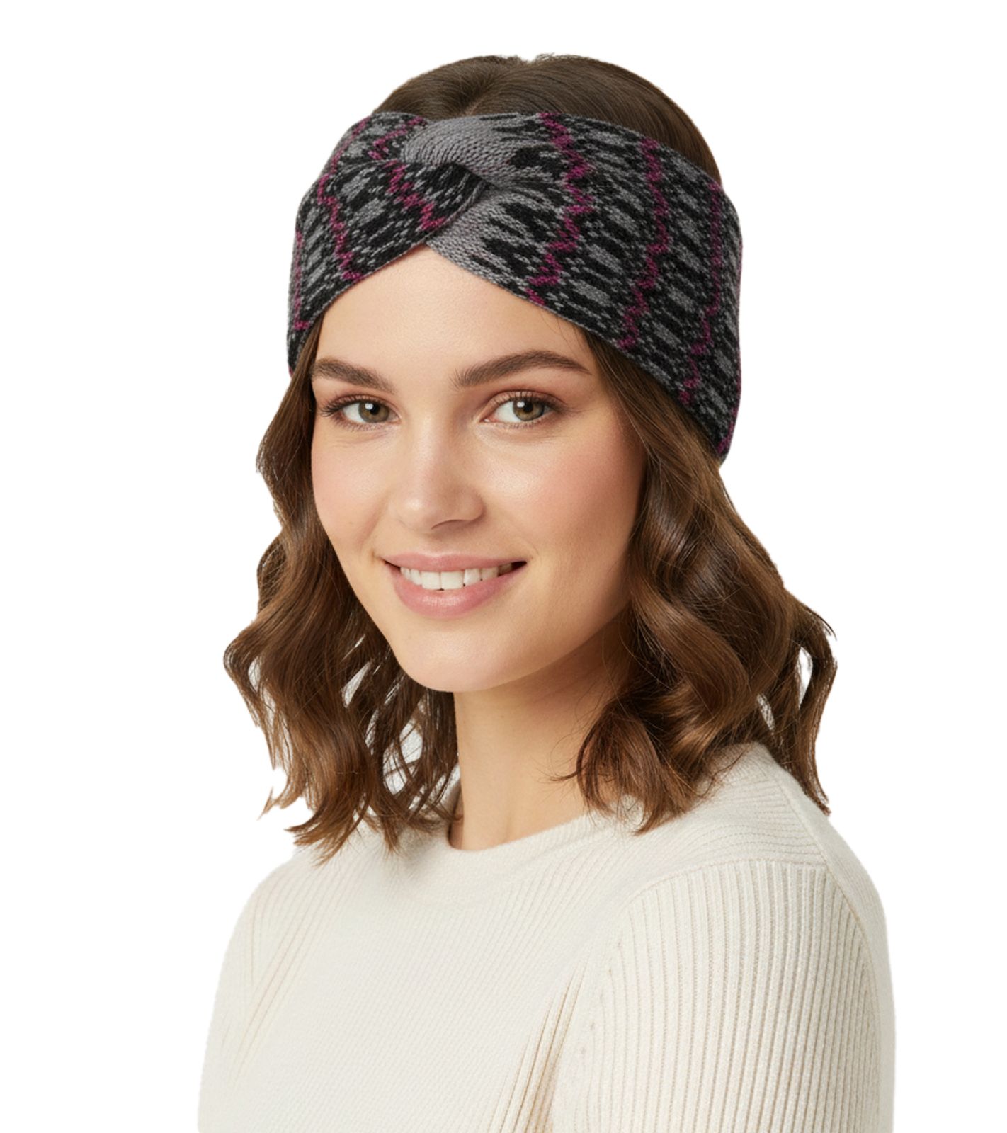 ZWILLINGSHERZ Strick-Stirnband Kaschmir-Stirnband Kopfbedeckung mit winterlichem Muster Winter-Stirnband Accessoire 8007 Grau/Schwarz/Pink von ZWILLINGSHERZ