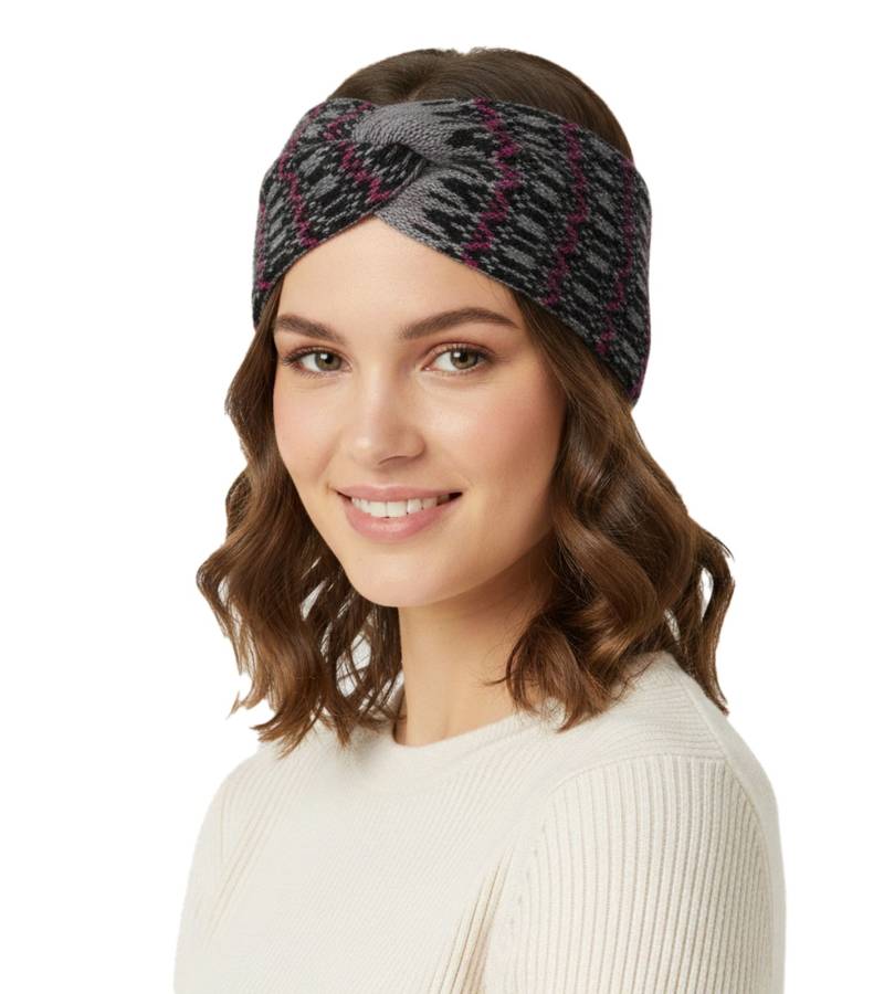 ZWILLINGSHERZ Strick-Stirnband Kaschmir-Stirnband Kopfbedeckung mit winterlichem Muster Winter-Stirnband Accessoire 8007 Grau/Schwarz/Pink von ZWILLINGSHERZ