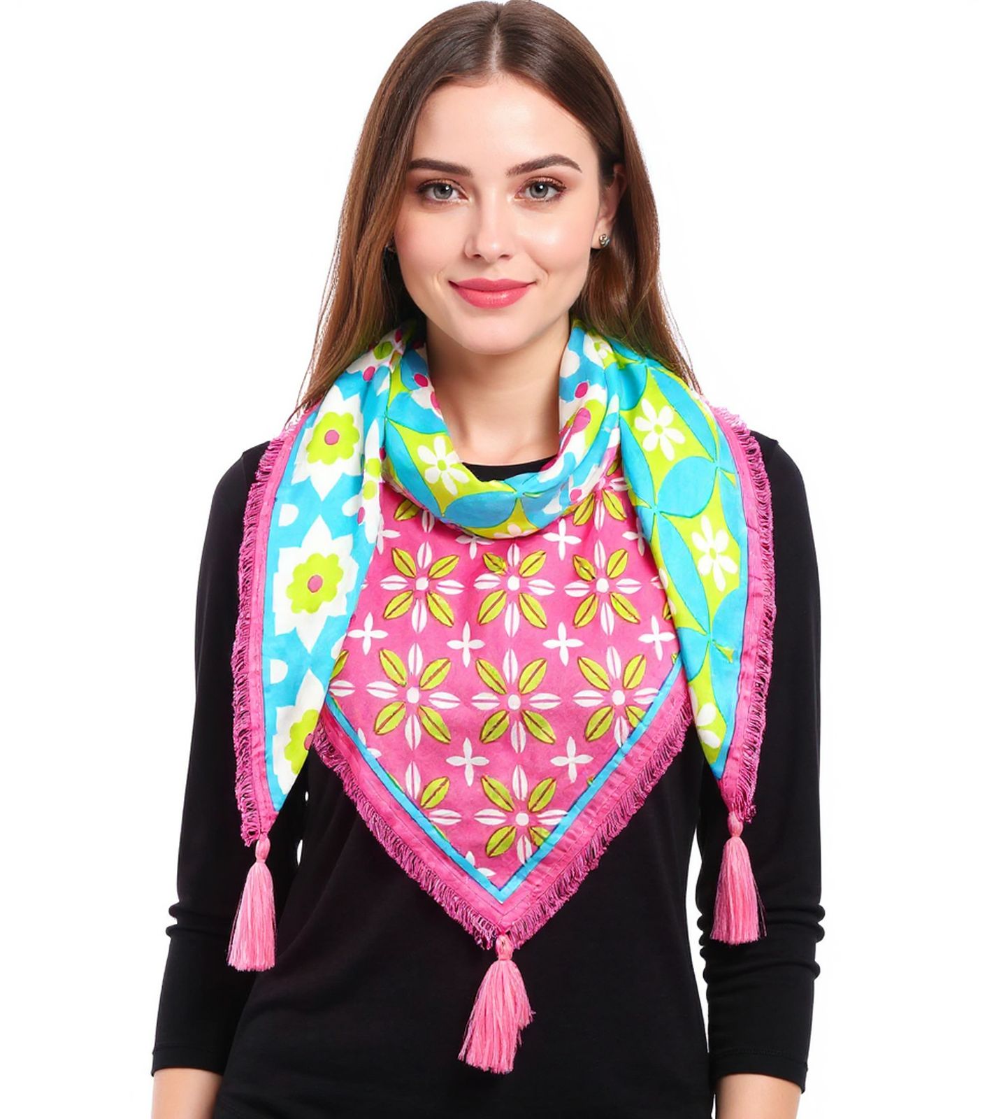 ZWILLINGSHERZ Summer Vibes Vierecks-Tuch mit Blumen und Ornamenten Mode-Tuch 3016Q-0609-73 Türkis/Pink/Bunt von ZWILLINGSHERZ