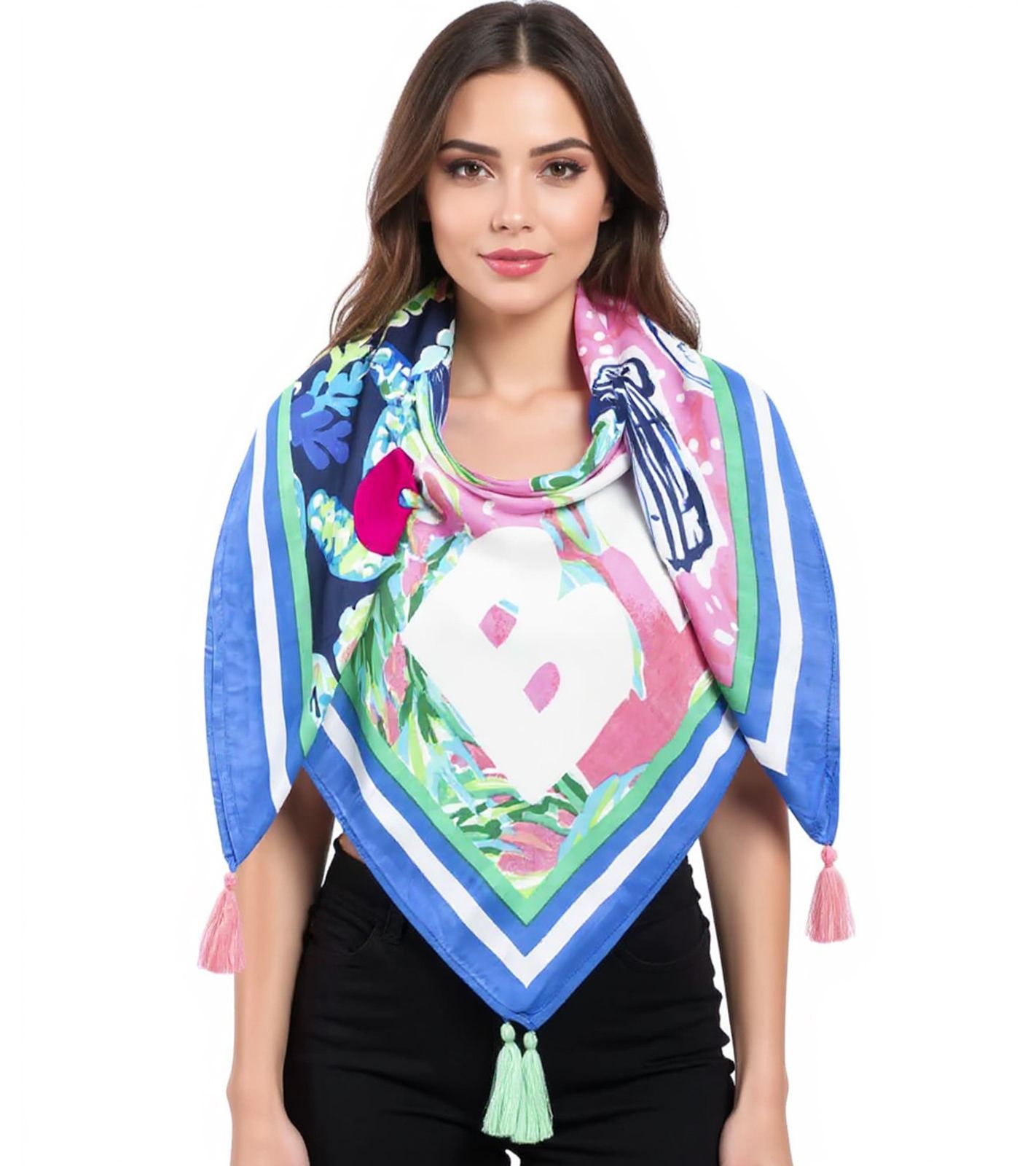 ZWILLINGSHERZ Sunny Day Vierecks-Tuch mit Muscheln und Blumen Mode-Tuch 3016Q-0803-84 Blau/Pink/Bunt von ZWILLINGSHERZ