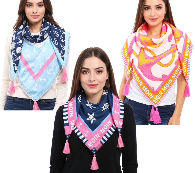 ZWILLINGSHERZ Vierecks-Tuch mit Ankern und Moin Moin Schriftzug Mode-Tuch 3016Q Pink/Orange, Pink/Blau oder Blau/Pink von ZWILLINGSHERZ