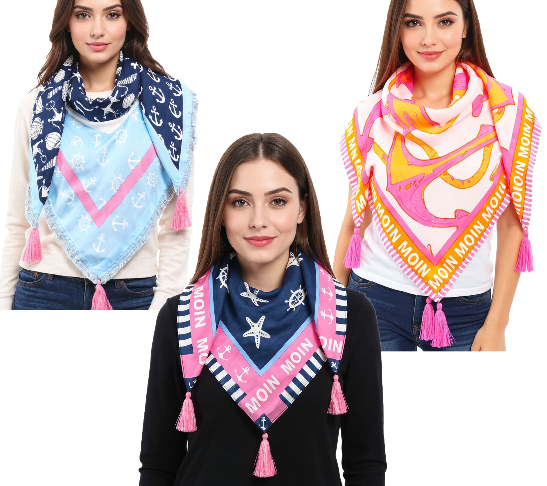 ZWILLINGSHERZ Vierecks-Tuch mit Ankern und Moin Moin Schriftzug Mode-Tuch 3016Q Pink/Orange, Pink/Blau oder Blau/Pink von ZWILLINGSHERZ