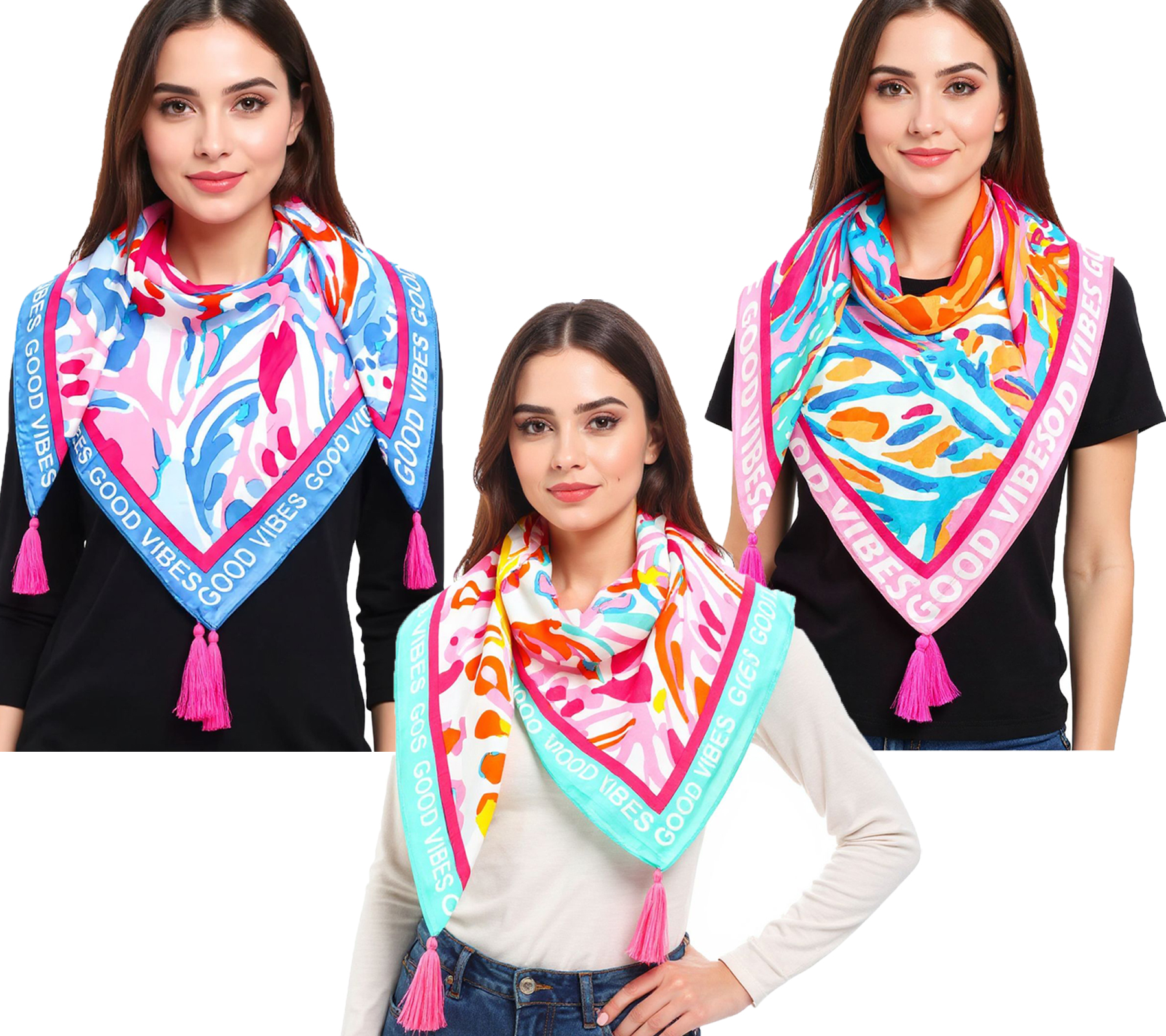 ZWILLINGSHERZ Vierecks-Tuch mit Blumen oder Korallen und Good Vibes Only Print Mode-Tuch 3016Q Pink/Türkis, Blau/Pink oder Pink/Bunt von ZWILLINGSHERZ