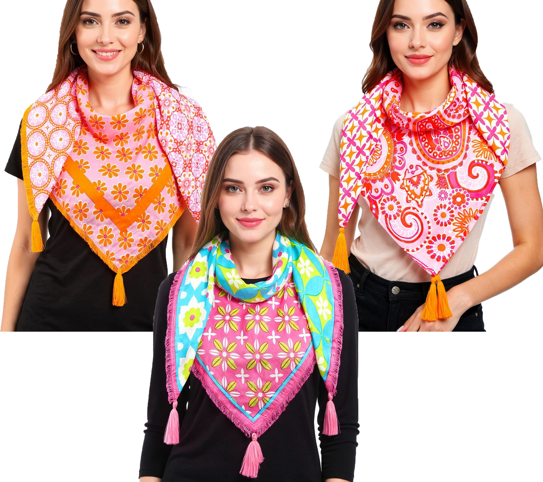 ZWILLINGSHERZ Vierecks-Tuch mit Blumen und Ornamenten Mode-Tuch 3016Q Türkis/Pink/Bunt, Orange/Pink oder Orange/Bunt von ZWILLINGSHERZ