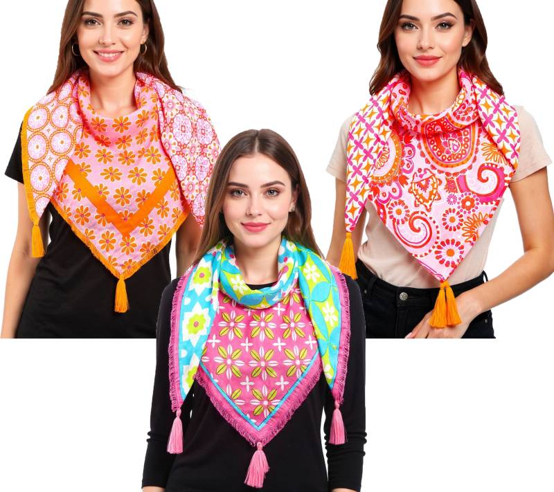 ZWILLINGSHERZ Vierecks-Tuch mit Blumen und Ornamenten Mode-Tuch 3016Q Türkis/Pink/Bunt, Orange/Pink oder Orange/Bunt von ZWILLINGSHERZ
