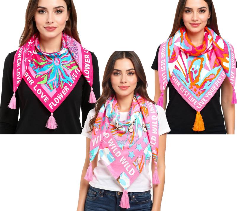 ZWILLINGSHERZ Vierecks-Tuch mit Blumen und Statement-Schriftzug Mode-Tuch 3016Q-2907 Pink/Braun, Pink/Türkis oder Pink/Orange von ZWILLINGSHERZ