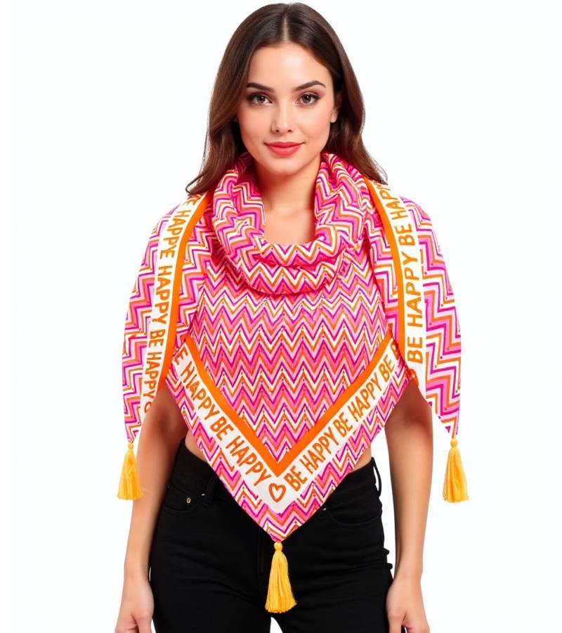 ZWILLINGSHERZ Zickzack Dreiecks-Tuch mit Zickzack Muster und Be Happy-Print Mode-Tuch 3014D-0204-47 Pink/Orange von ZWILLINGSHERZ