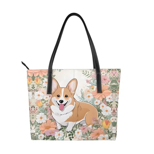 Corgi Handtasche mit Blumendruck, hochwertiges PU-Leder, wasserdicht und langlebig, perfekt für Reisen, Arbeit und Freizeit, Schwarz, Einheitsgröße Corgi Handtasche mit Blumendruck, hochwertiges PU-Leder, wasserdicht und langlebig, perfekt für Reisen, Arbeit und Freizeit, Schwarz, Einheitsgröße von ZWLPNZZD