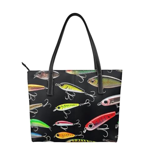 Handtasche mit Fischköderdruck, hochwertiges PU-Leder, wasserdicht und langlebig, perfekt für Reisen, Arbeit und Freizeit, Schwarz, Einheitsgröße von ZWLPNZZD