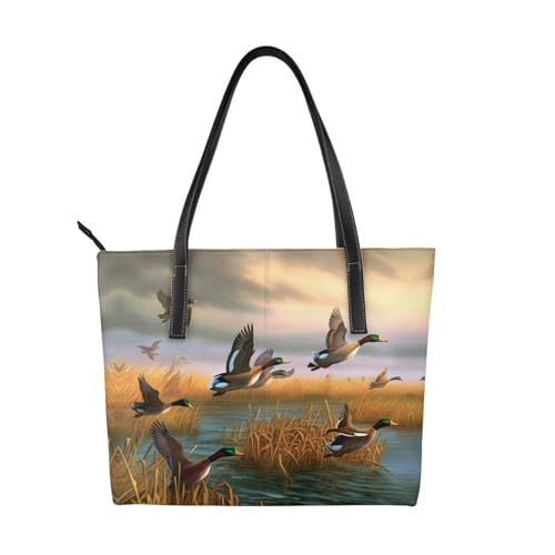 Handtasche mit Jagd-Motiv "fliegende Wildenten" aus hochwertigem PU-Leder, wasserdicht und langlebig, perfekt für Reisen, Arbeit und Freizeit, Schwarz, Einheitsgröße von ZWLPNZZD