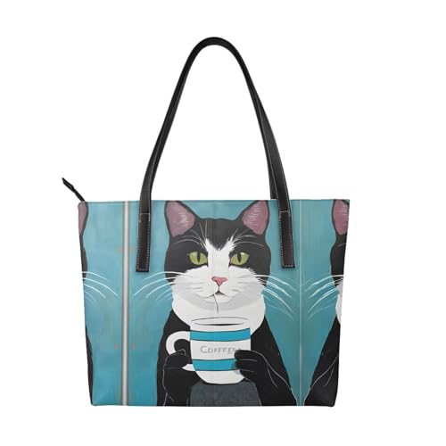 Handtasche mit Katzendruck, hochwertiges PU-Leder, wasserdicht und langlebig, perfekt für Reisen, Arbeit und Freizeit, Schwarz, Einheitsgröße von ZWLPNZZD