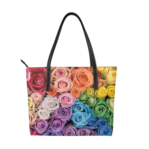 Handtasche mit Regenbogen-Blumendruck, hochwertiges PU-Leder, wasserdicht und langlebig, perfekt für Reisen, Arbeit und Freizeit, Schwarz, Einheitsgröße von ZWLPNZZD