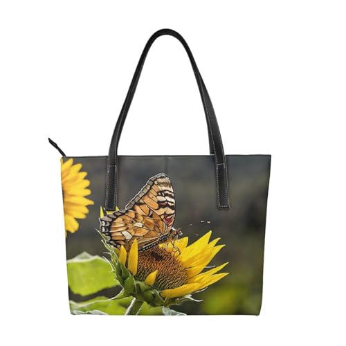 Handtasche mit Sonnenblumen-Schmetterlings-Druck, hochwertiges PU-Leder, wasserdicht und langlebig, perfekt für Reisen, Arbeit und Freizeit, Schwarz, Einheitsgröße Handtasche mit Sonnenblumen-Schmetterlings-Druck, hochwertiges PU-Leder, wasserdicht und langlebig, perfekt für Reisen, Arbeit und Freizeit, Schwarz, Einheitsgröße von ZWLPNZZD