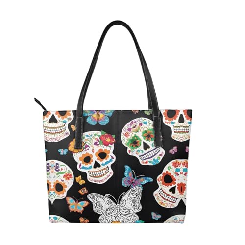 Handtasche mit Totenkopf-Motiv, hochwertiges PU-Leder, wasserdicht und langlebig, perfekt für Reisen, Arbeit und Freizeit, Schwarz, Einheitsgröße von ZWLPNZZD