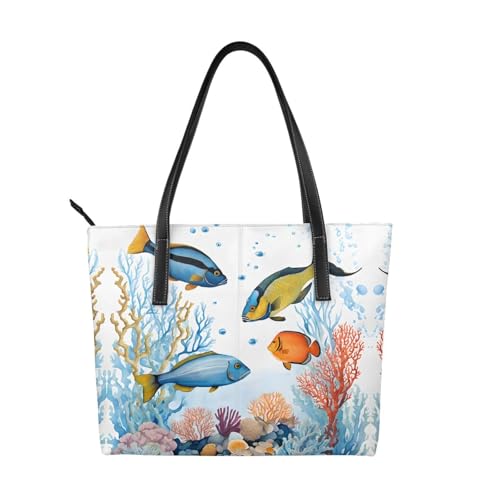 Handtasche mit buntem Fisch im Meer, hochwertiges PU-Leder, wasserdicht und langlebig, perfekt für Reisen, Arbeit und Freizeit, Schwarz, Einheitsgröße Handtasche mit buntem Fisch im Meer, hochwertiges PU-Leder, wasserdicht und langlebig, perfekt für Reisen, Arbeit und Freizeit, Schwarz, Einheitsgröße von ZWLPNZZD