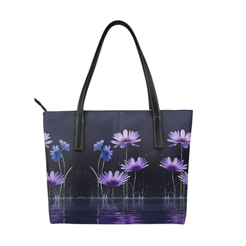 Handtasche mit violettem Blumendruck, hochwertiges PU-Leder, wasserdicht und langlebig, perfekt für Reisen, Arbeit und Freizeit, Schwarz, Einheitsgröße von ZWLPNZZD