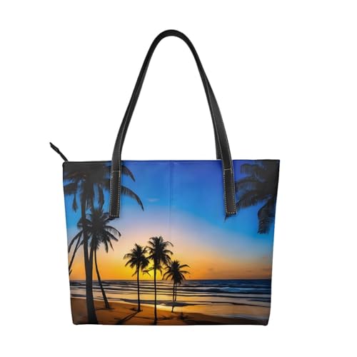 Hawaii Beach Handtasche mit Sonnenuntergang-Druck, hochwertiges PU-Leder, wasserdicht und langlebig, perfekt für Reisen, Arbeit und Freizeit, Schwarz, Einheitsgröße von ZWLPNZZD