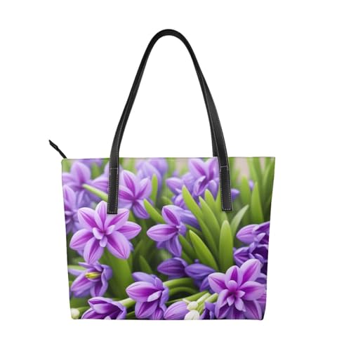 Hyazinthen-Handtasche mit violettem Druck, hochwertiges PU-Leder, wasserdicht und langlebig, perfekt für Reisen, Arbeit und Freizeit, Schwarz, Einheitsgröße von ZWLPNZZD